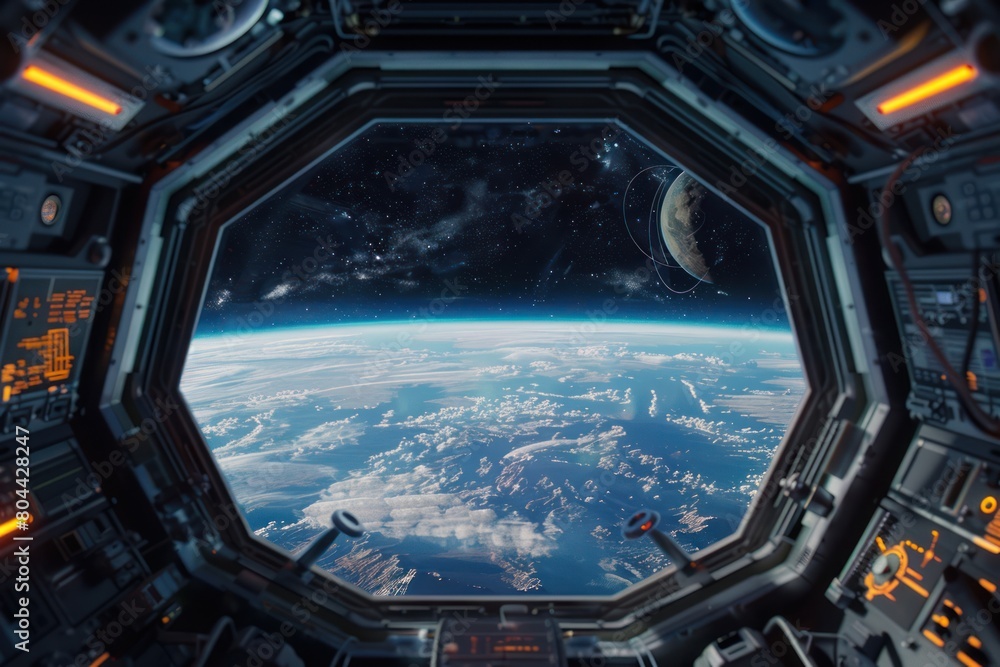 fantasy illustration with a view out into space from inside a spaceship cabine fantasy illustration with a view out into space from inside a spaceship cabine