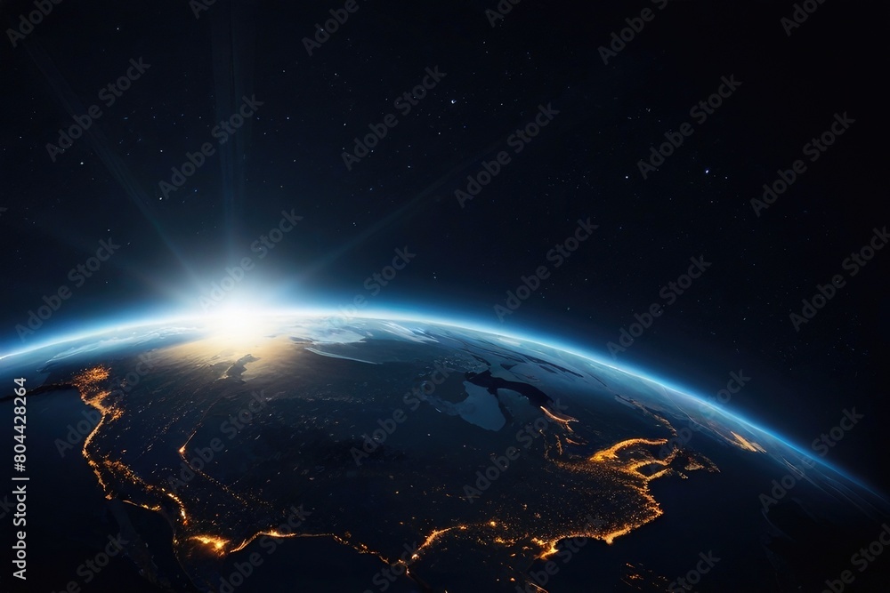 Planet Earth at night in outer space. Surface of the Earth. Sunrise view of the planet Earth from space with the sun setting over the horizon