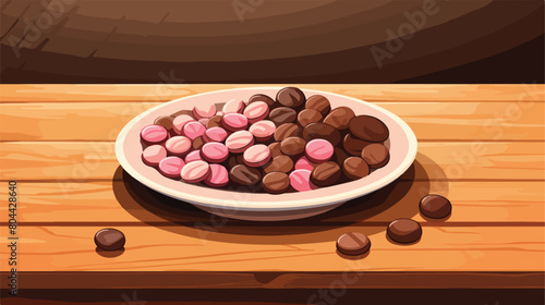 Plate with yummy chocolate candies on wooden table