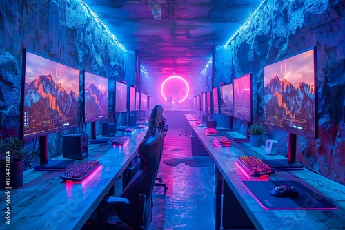 An underground bunker turned tech hub, diverse programmers working on a critical AI development project, ambient blue lighting, photo