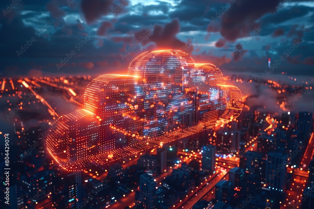 Conceptual image of a cloud made of digital circuits and code, floating over a modern cityscape, representing cloud computing services Conceptual image of a cloud made of digital circuits and code, floating over a modern cityscape, representing cloud computing services