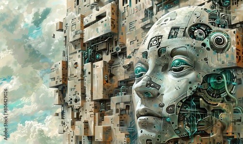 an artwork that captures the essence of Artificial Intelligence in contemporary society. Consider the multifaceted nature of AI technologies  including machine learning  natural language processing.