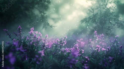 A dreamy forest glade with lavender plants, bathed in soft sunlight filtering through the leaves. The background is blurred to emphasize the foreground of purple flowers and green foliage. Sunbeams © DarkinStudio