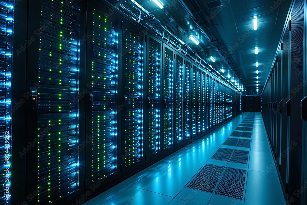 Dramatic skyline of server racks in a dark data center, blue and green LED lights illuminating the cloud computing hardware Dramatic skyline of server racks in a dark data center, blue and green LED lights illuminating the cloud computing hardware