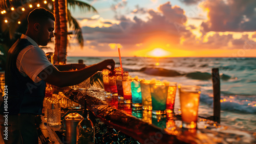 Tropical beach bar at sunset, with a mixologist skillfully concocting colorful cocktails against the backdrop of palm trees photo
