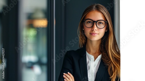 Young woman in business wear standing with arms crossed in business environment.