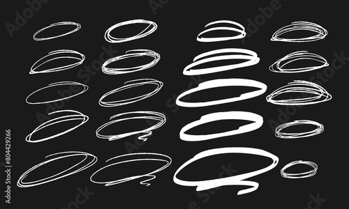 Twenty handwritten squiggles. Various types of white oval strokes on a black background. Vector set