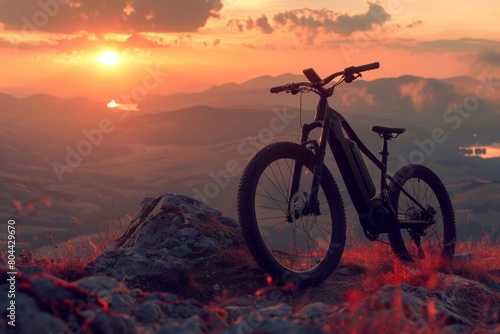 Electric mountain bike against a sunset landscape in a hilly area. The golden light of the setting sun softly outlines picturesque hills, large stones, dry grass and purple clouds. © Aleksandr