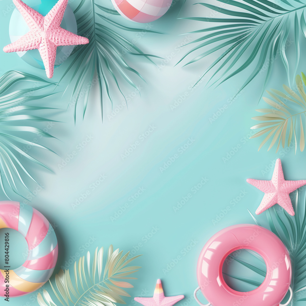 Summer seasonal background design with copy-space for text at center. Template for summer with pool rings and palm leaves on a plain background in pastel green color tone, minimal style. Summer seasonal background design with copy-space for text at center. Template for summer with pool rings and palm leaves on a plain background in pastel green color tone, minimal style.