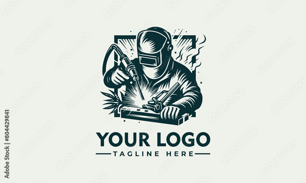 Welding vector logo illustration of welding by engineer with a gear as background vector welder logo template with details