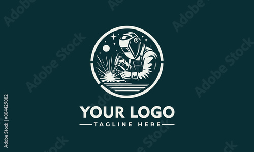 Welding vector logo illustration of welding by engineer with a gear as background vector welder logo template with details photo