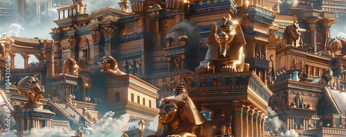 Bring to life a digital masterpiece capturing a side profile of an advanced metropolis adorned with colossal sphinxes guarding ornate photo