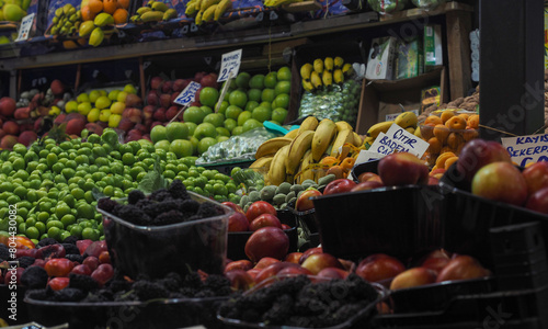 Fruits and vegetables sold in Ankara Ulus vegetable and fruit market. Strawberry, apple, banana, cauliflower, peach, lemon, apricot, pepper, salad, eggplant. photo