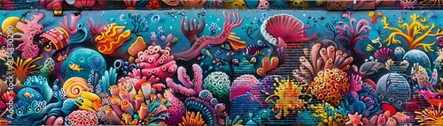 Capture a mesmerizing high-angle view of vibrant underwater creatures intertwined with colorful street art murals  blending nature and urban culture in a harmonious display