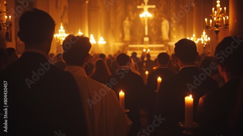 Group of adults dressed in formal clothes gathered near a church altar