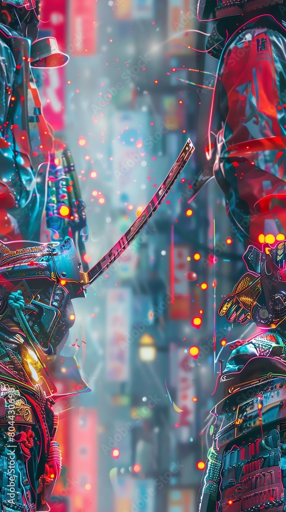 Capture the essence of modernity and tradition by showcasing a cybernetic samurai from behind