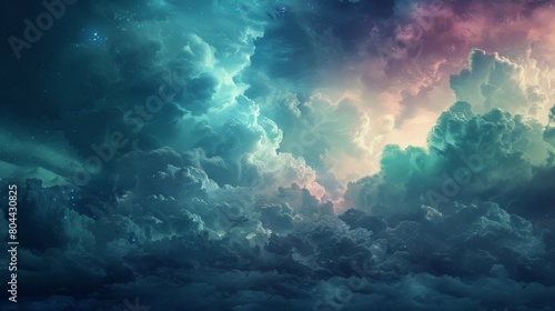 Abstract background with a dark blue purple sky and glowing clouds. Abstract fantasy concept banner  colorful  highly detailed  digital painting  artstation  sharp focus  studio photo
