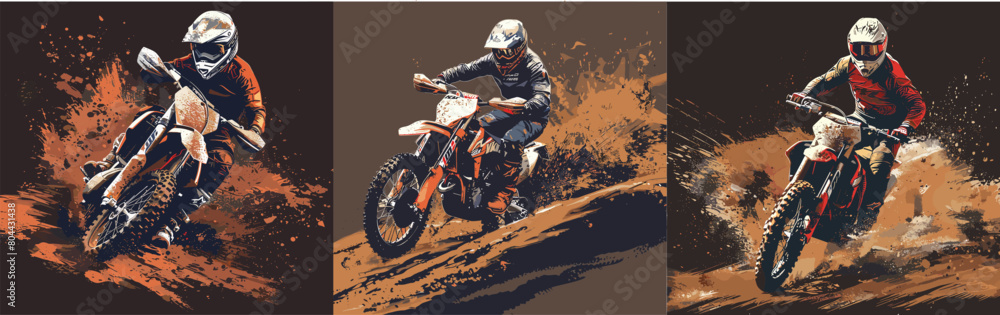 Dynamic depiction of a dirt bike racer in action, showcasing vibrant brown and orange splashes against a dark backdrop. Dynamic depiction of a dirt bike racer in action, showcasing vibrant brown and orange splashes against a dark backdrop.