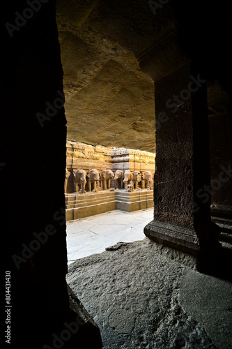 Partial view of Kailasa temple at Ellora caves, India.