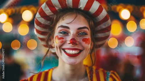 portrait of a beautiful clown, carnival on background photo