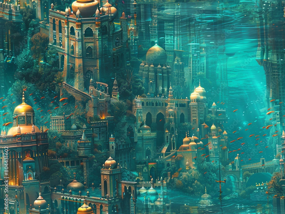 Craft a visually striking scene of a bustling underwater cityscape inspired by Art Deco architecture Craft a visually striking scene of a bustling underwater cityscape inspired by Art Deco architecture