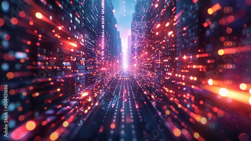 Abstract digital technology background with light neon glow and glowing particles in the form of an endless city street, computer code information flow or big data boxes in the style of whiskey boxes photo