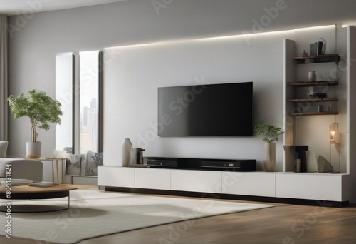 modern empty rendering mock 3d room tv zen design shelf minimal