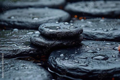 Spa background. Volcanic rocks on reflective background with raindrops. Relaxation  body care treatment  spa  wellness concept