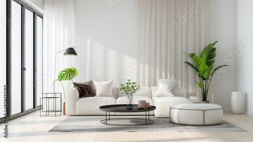 White minimalist living room interior with sofa on the floor. With white walls  sunlight comes in through the windows. 3D illustration