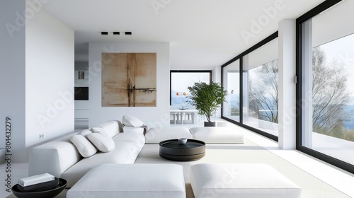 White minimalist living room interior with sofa on the floor. With white walls  sunlight comes in through the windows. 3D illustration