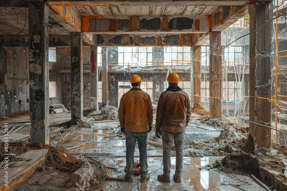 Two construction workers in hard hats stand in a muddy construction site, reflecting on the work progress Two construction workers in hard hats stand in a muddy construction site, reflecting on the work progress