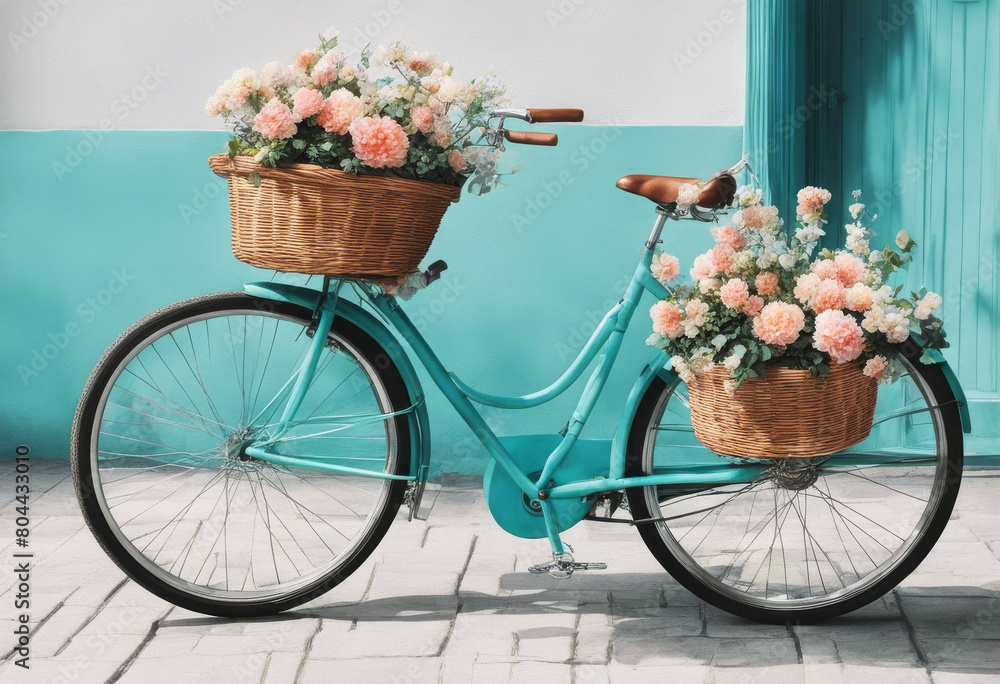 'hand watercolor turquoise flower drawn beautiful white bicycle illustration basket isolated background floral aster chamomile daisy poppy lush retro'