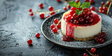 Delicious homemade cherry cheesecake served on a stylish black plate, ready to be enjoyed