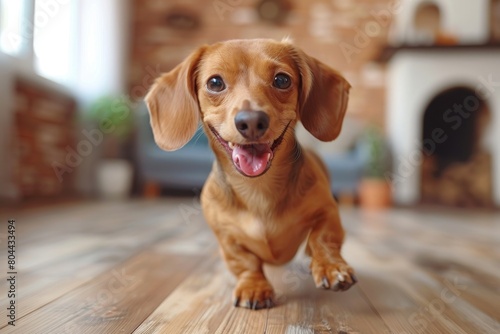 A cute brown dachshund dog sitting on a wooden floor with a huge smiling face and bright eyes, looking upwards