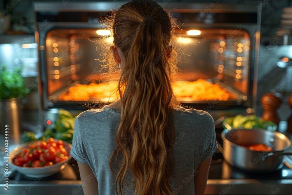 Back view of a woman looking at a tray of roasted chicken in the oven, with kitchen environment