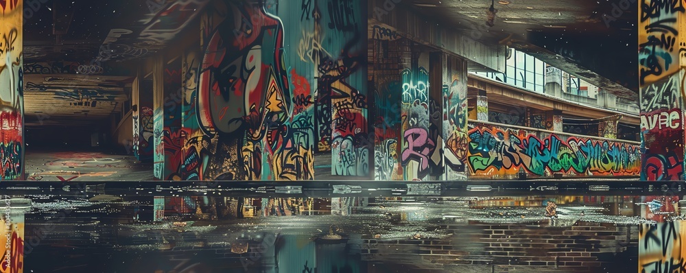 Portray a glimpse of hidden worlds through a worms-eye view, blending graffiti elements in a photorealistic style to highlight unexpected camera angles in urban art