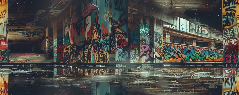 Portray a glimpse of hidden worlds through a worms-eye view, blending graffiti elements in a photorealistic style to highlight unexpected camera angles in urban art Portray a glimpse of hidden worlds through a worms-eye view, blending graffiti elements in a photorealistic style to highlight unexpected camera angles in urban art