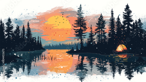 A picturesque camping scene with a tent beside a glowing campfire by a lake, great for nature and adventure themes.