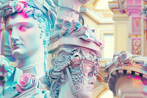 Picture a dazzling interpretation of the Renaissance with automatons painted in soft, dreamy pastels Showcase the fusion of history and futuristic technology with a gentle touch photo