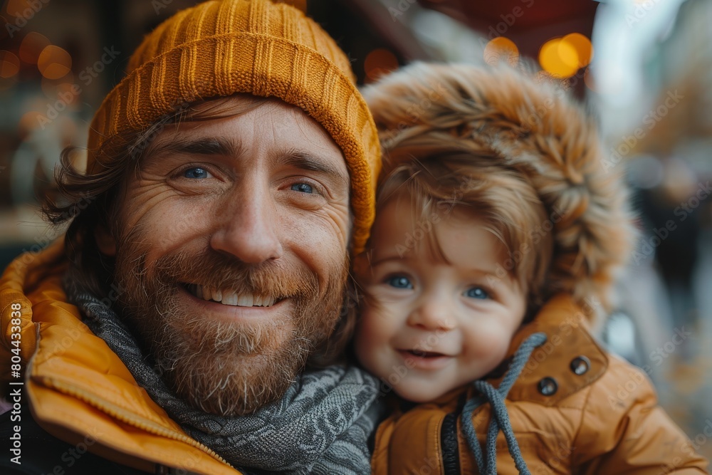 Happy father and baby with stunning blue eyes enjoy a moment together, bundled in warm clothes in an urban environment