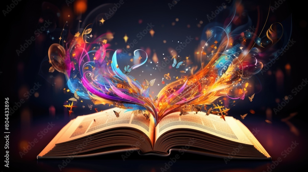 Opened fantasy magic book with rainbow glitter patterns on wooden table Opened fantasy magic book with rainbow glitter patterns on wooden table