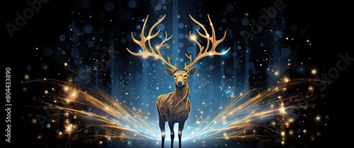 Wild deer against the backdrop of a winter night landscape and Christmas lights.