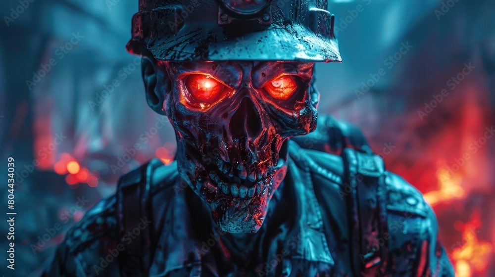 Scary zombie in a construction helmet with glowing eyes Scary zombie in a construction helmet with glowing eyes