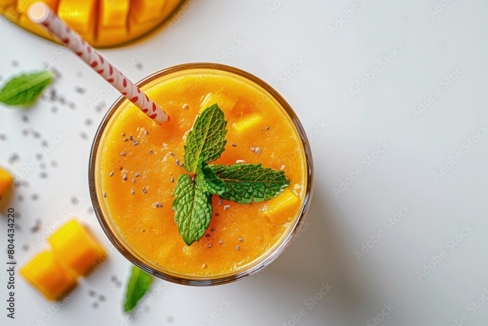 Mango smoothie in glasses in white modern kitchen on the table, front view Mango smoothie in glasses in white modern kitchen on the table, front view