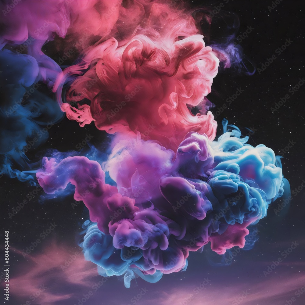 Obraz premium Colorful smoke, Abstract of a mix color smoke vape cloud, swirling and billowing in a vibrant array of colors such as pink, purple, and blue, fractal background with smoke