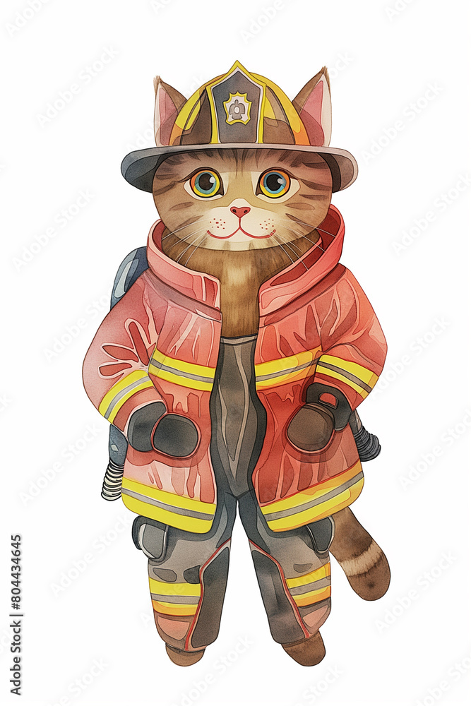 Gato bombeiro em aquarela no fundo branco - Poster Infantil