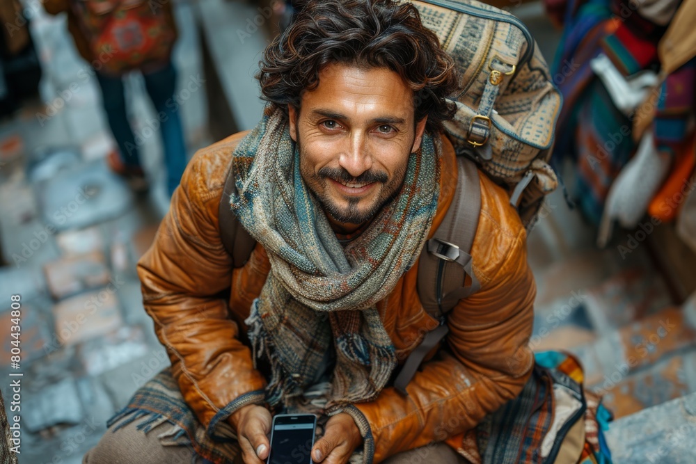An exuberant man with a backpack and a smartphone smiling in a vibrant bazaar setting An exuberant man with a backpack and a smartphone smiling in a vibrant bazaar setting