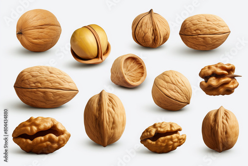 Collection set of walnuts isolated on transparent or white background, png