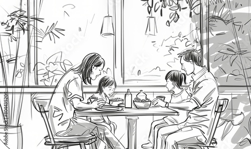 Disegno, storyboard di una famiglia che passa del tempo insieme. photo