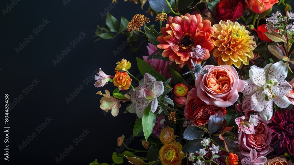 Colorful bouquet of various flowers against dark background Colorful bouquet of various flowers against dark background
